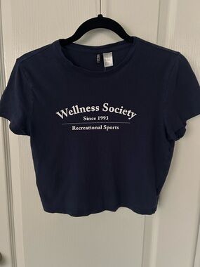 H&M Navy Crop Tee with White 'Wellness Society' Graphic Medium